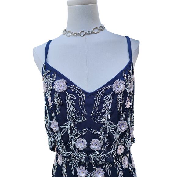 Adrianna Papell Navy Blue Blouson Floral Beaded V-Neck Formal Maxi Dress Sz 4 - Picture 4 of 8